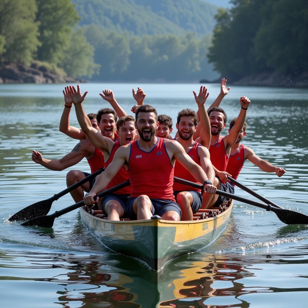 Đội 10 man canoe ăn mừng chiến thắng khi về đích