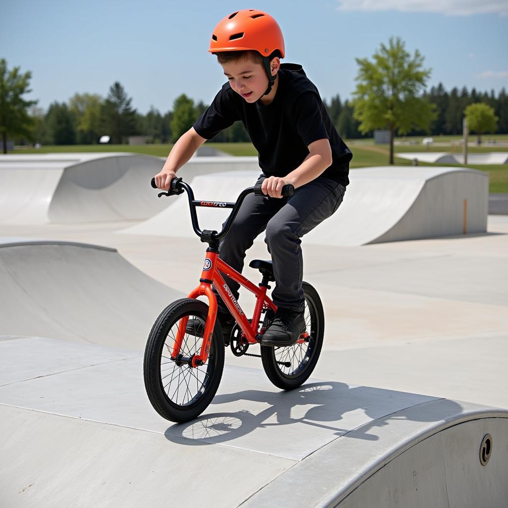 Youth riding a 14-inch BMX bike at a skatepark