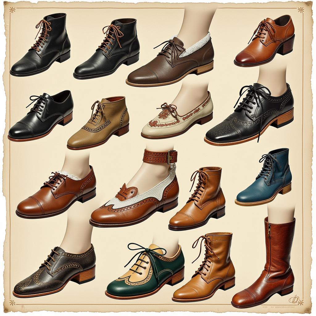 Different styles of shoes popular in the 17th century