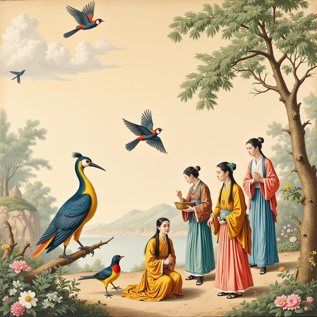 Chinoiserie scene on 18th-century wallpaper