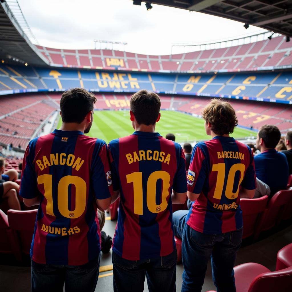 Barcelona fans wearing the 2001 Barcelona jersey in the stands at Camp Nou