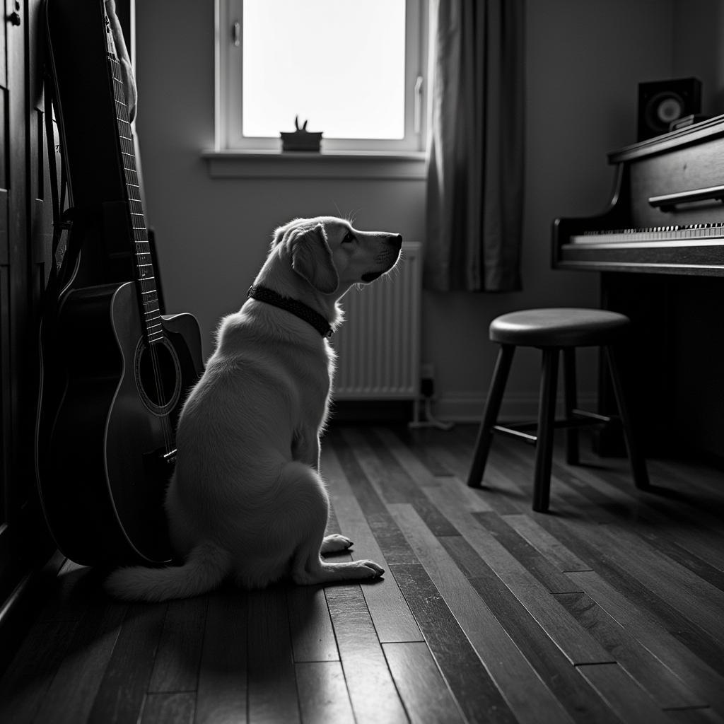 A dog patiently waiting beside a guitar