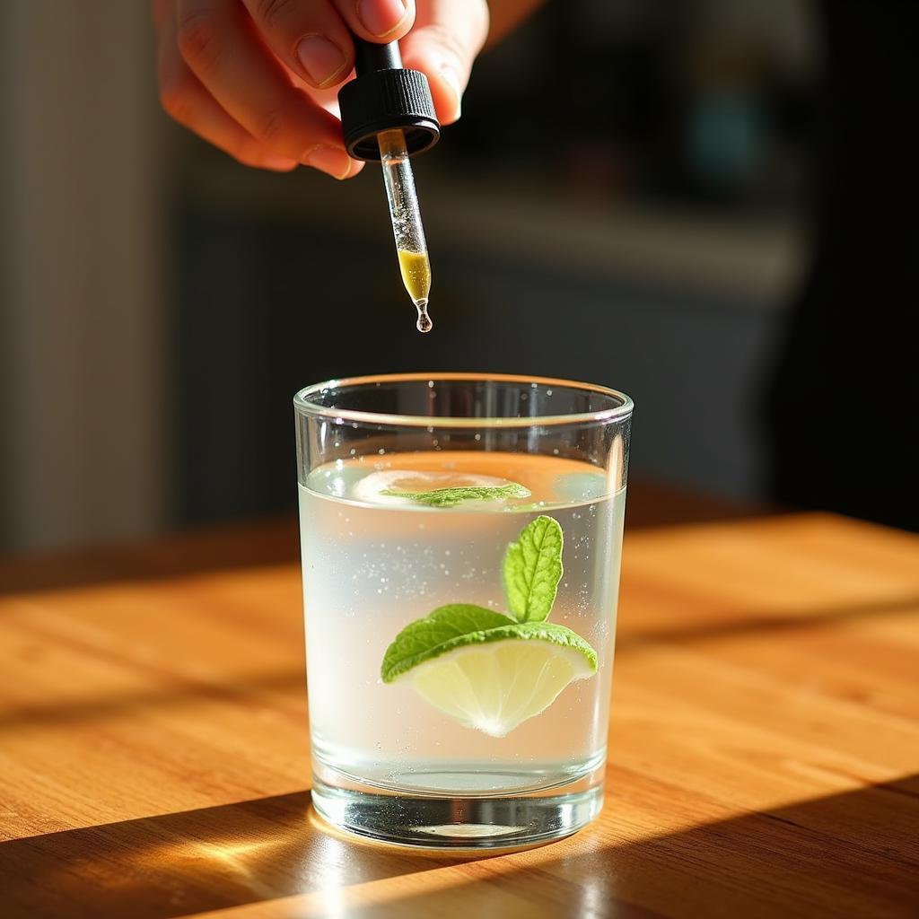 A glass of water with a few drops of sea moss bitters