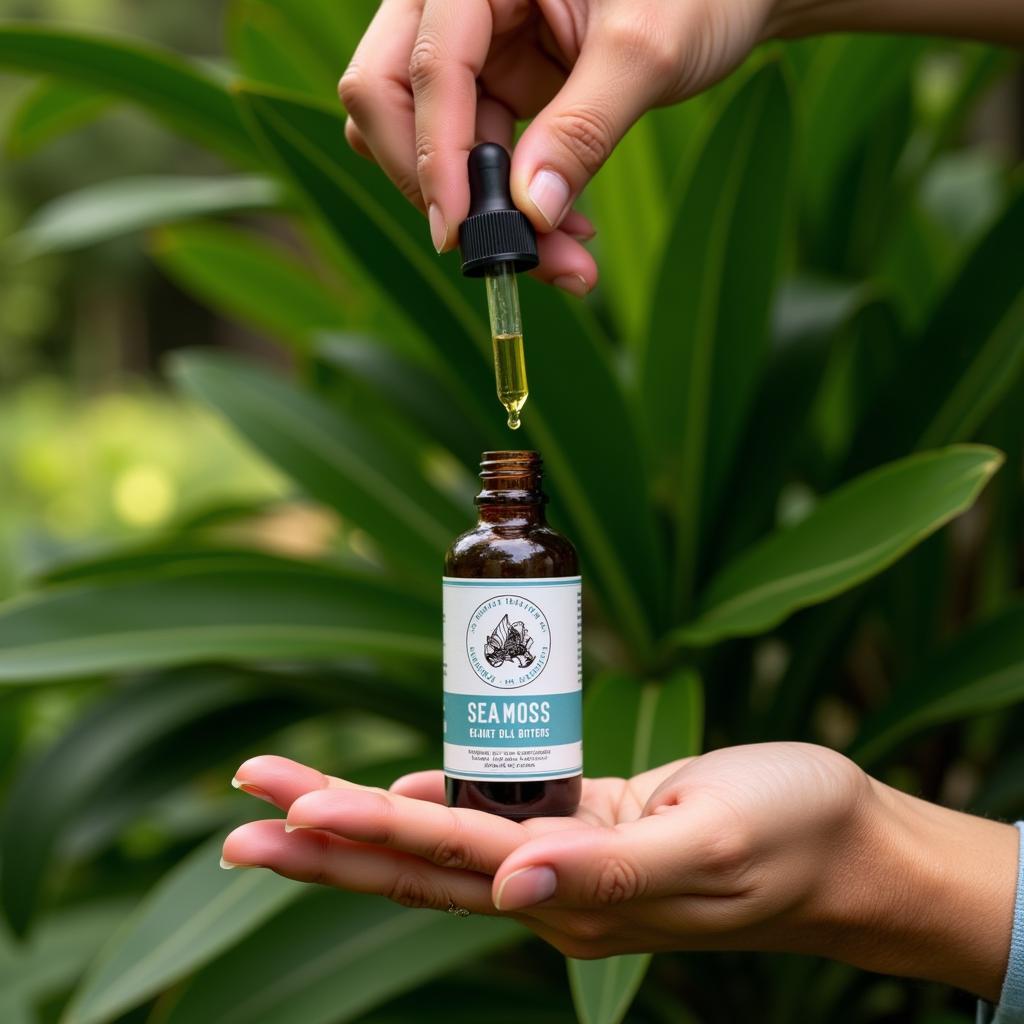 A person holding a dropper of sea moss bitters