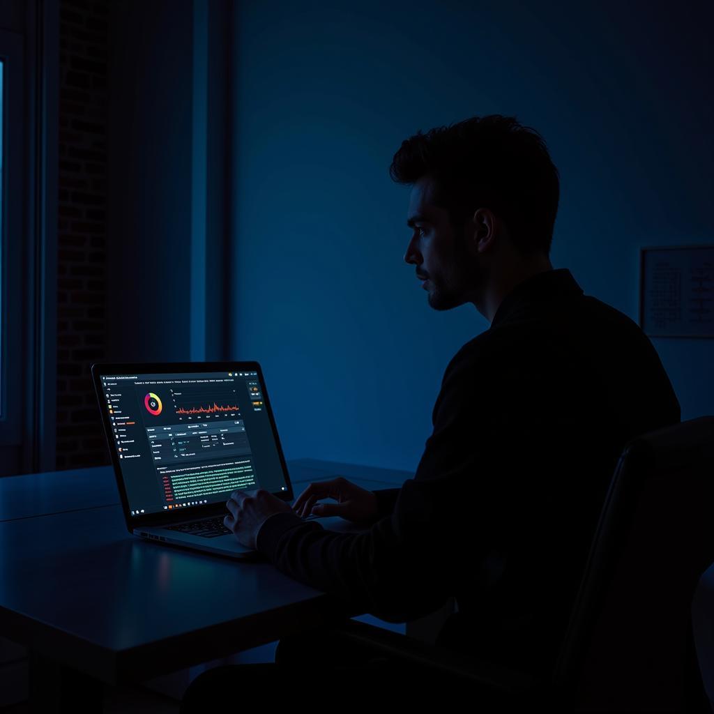 A person using a laptop with a cyber security dashboard displayed on the screen