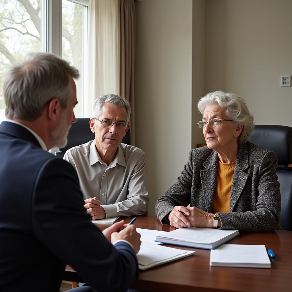 Abuelos hablando con un abogado sobre la custodia de sus nietos