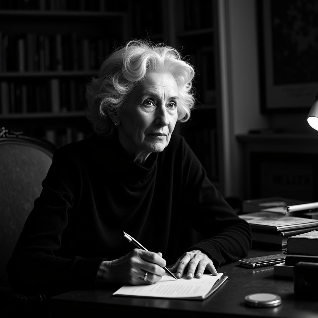 Alice Munro writing in her study