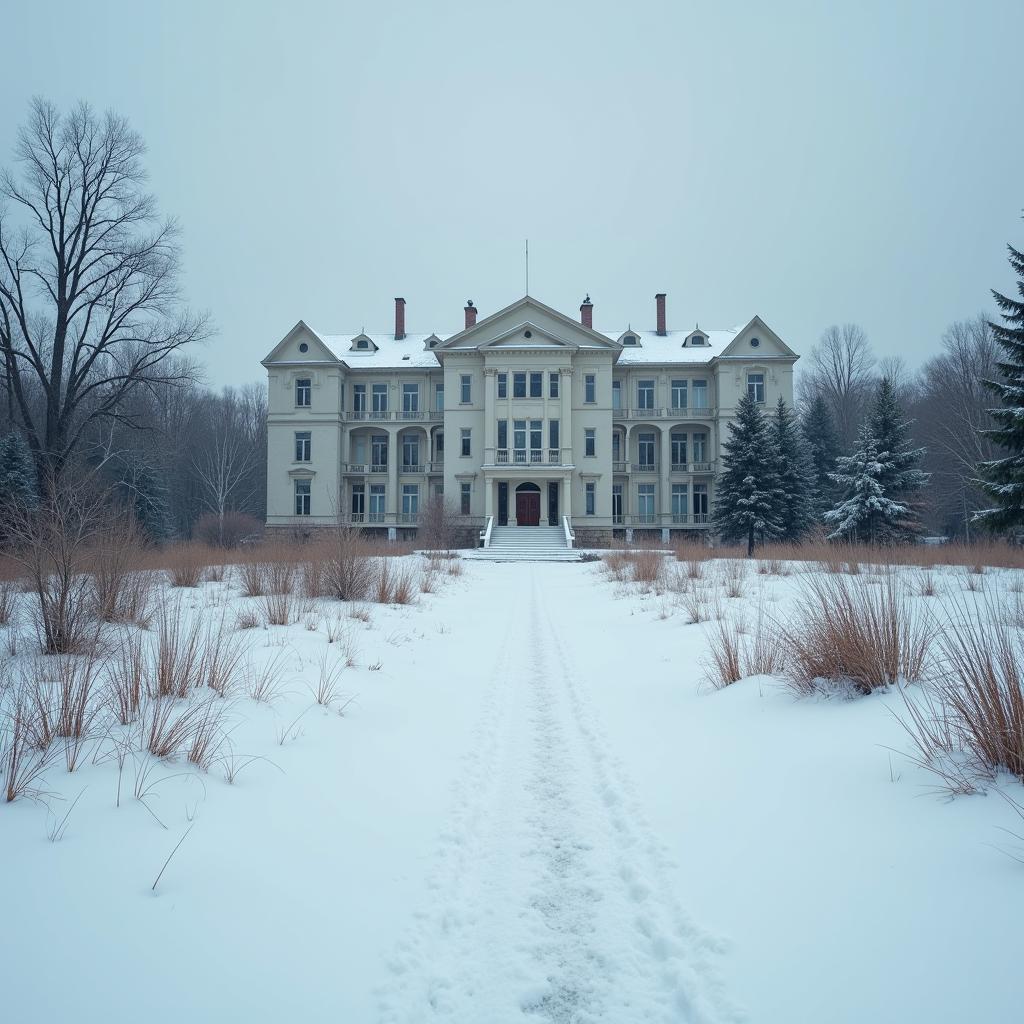 A snowy landscape with a sanatorium in the background