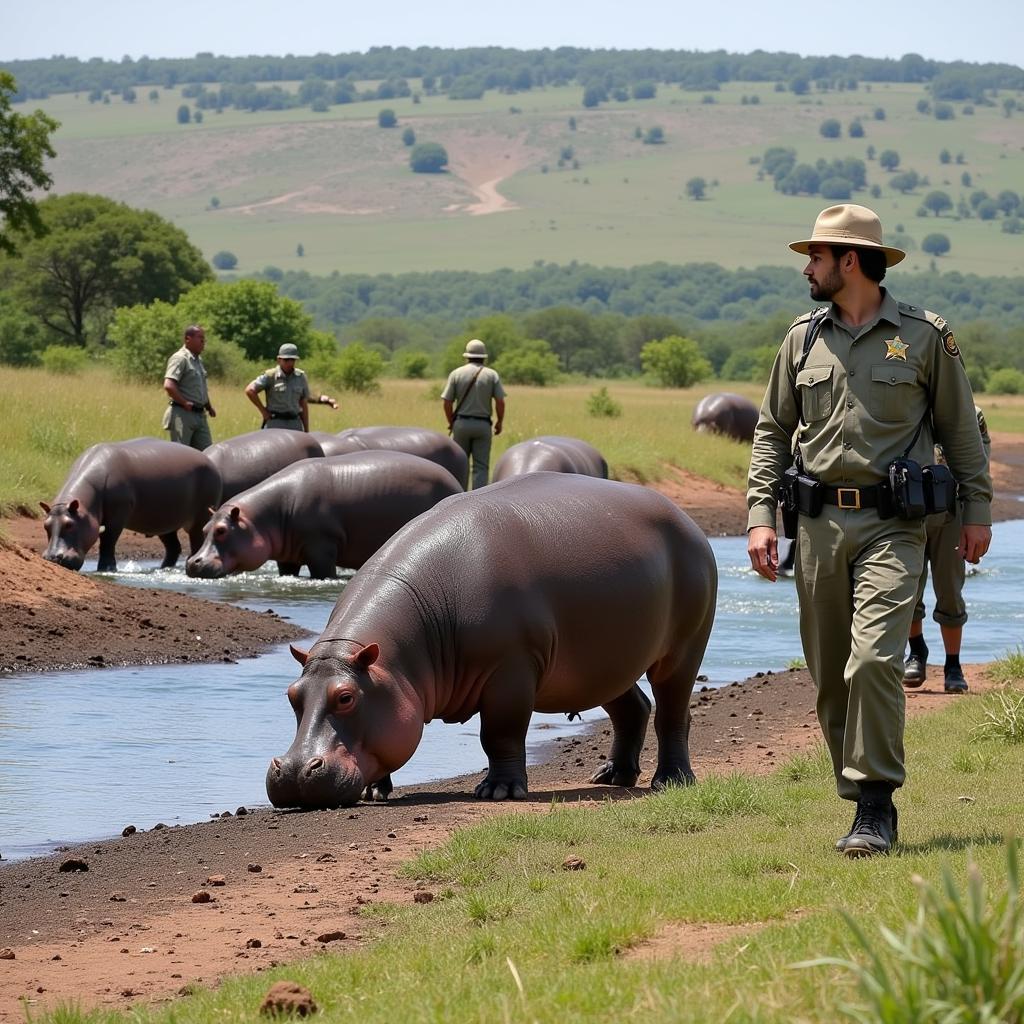 Anti-poaching patrol guarding hippos