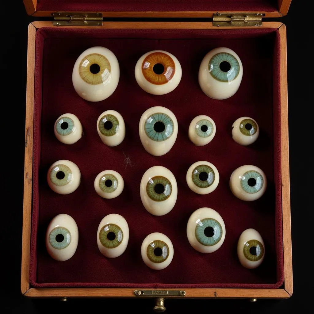 Antique Glass Eye Collection in Display Case