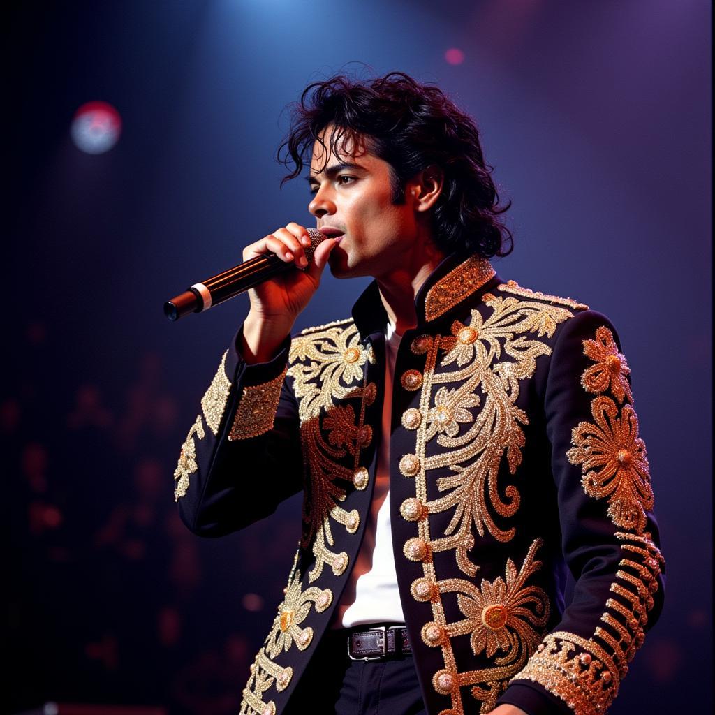 Michael Jackson biểu diễn trên sân khấu với chiếc áo khoác jackson jacket