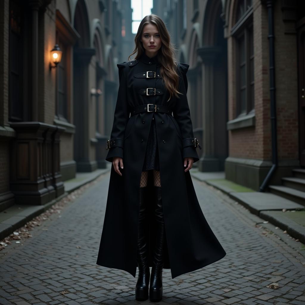 Gothic outerwear: Long coat, platform boots, and lace details