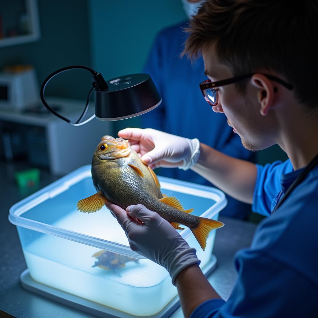 An aquatic veterinarian examining a fish in a clinic setting.