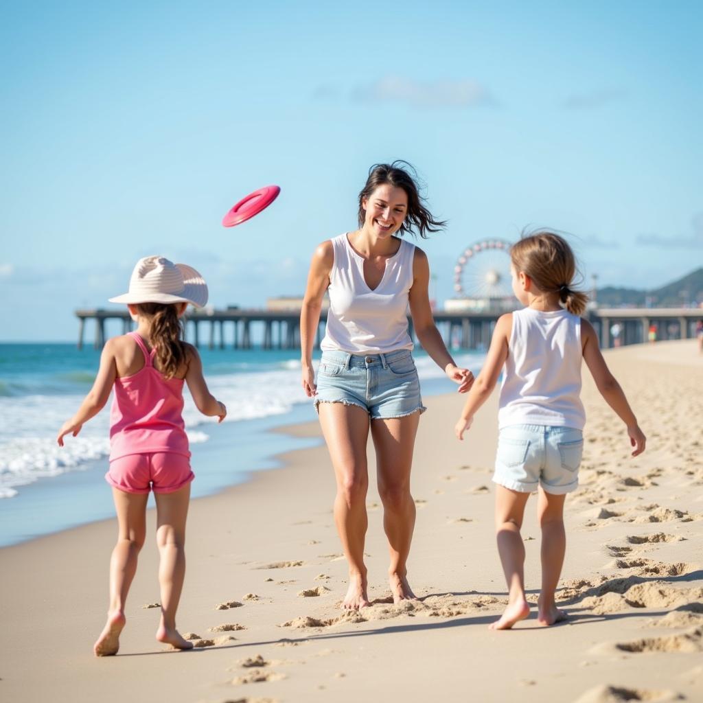 Au pair playing with kids on Santa Monica Beach