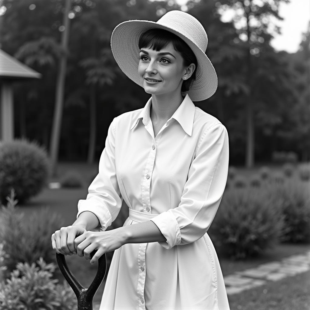 Audrey Hepburn in a white shirt dress