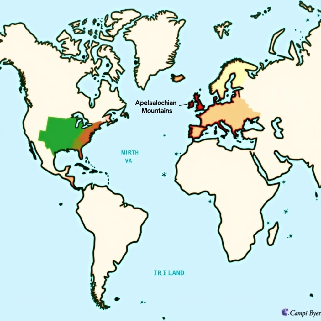 Map highlighting the locations of the Appalachian Mountains and Ireland