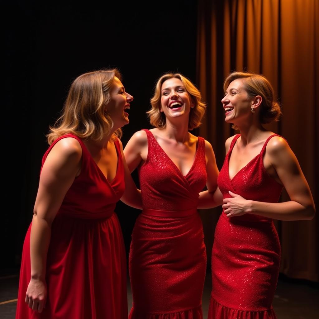 Three women laughing joyfully on stage