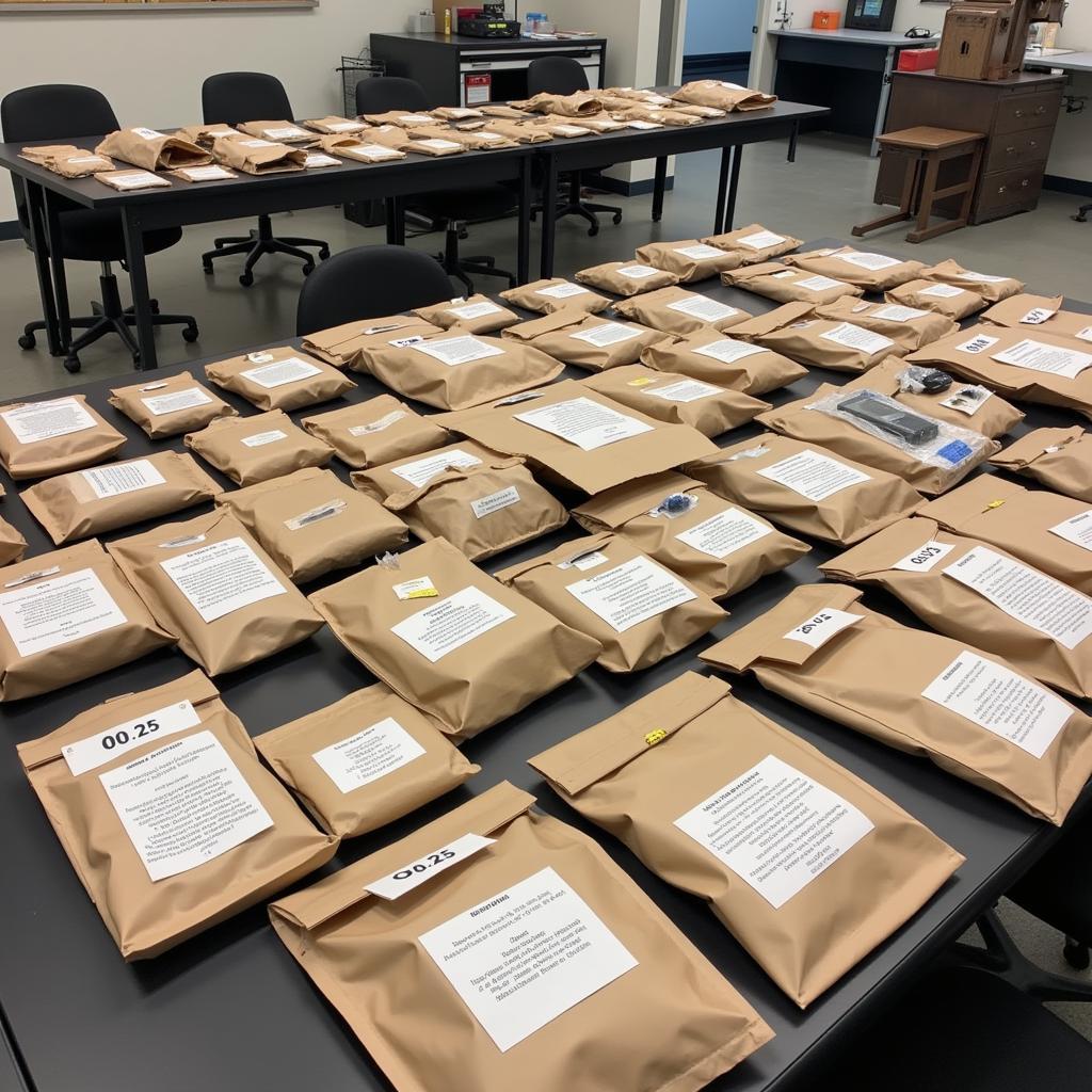 A collection of evidence bags containing various items collected from the crime scene.