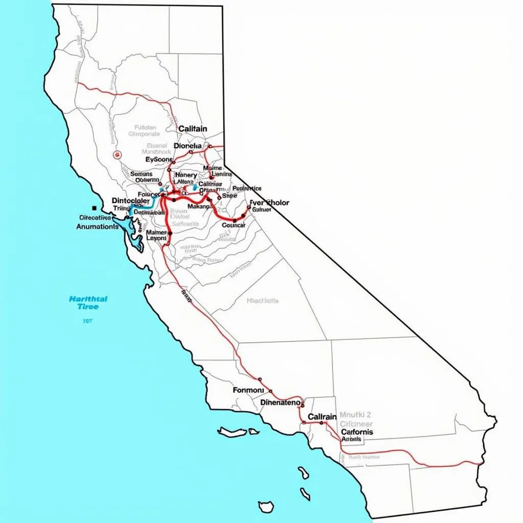 Bản đồ California và tuyến đường sắt Caltrain