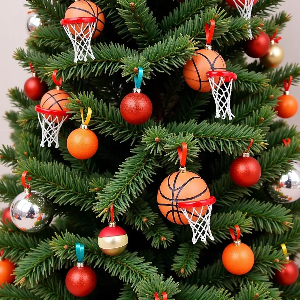 A Basketball Christmas Tree Decorated with Sports Balls and Ribbons