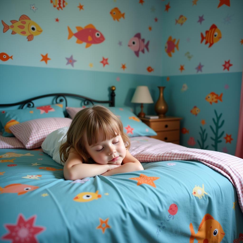 Little girl sleeping soundly in her under-the-sea themed bedroom, complete with fish wallpaper borders