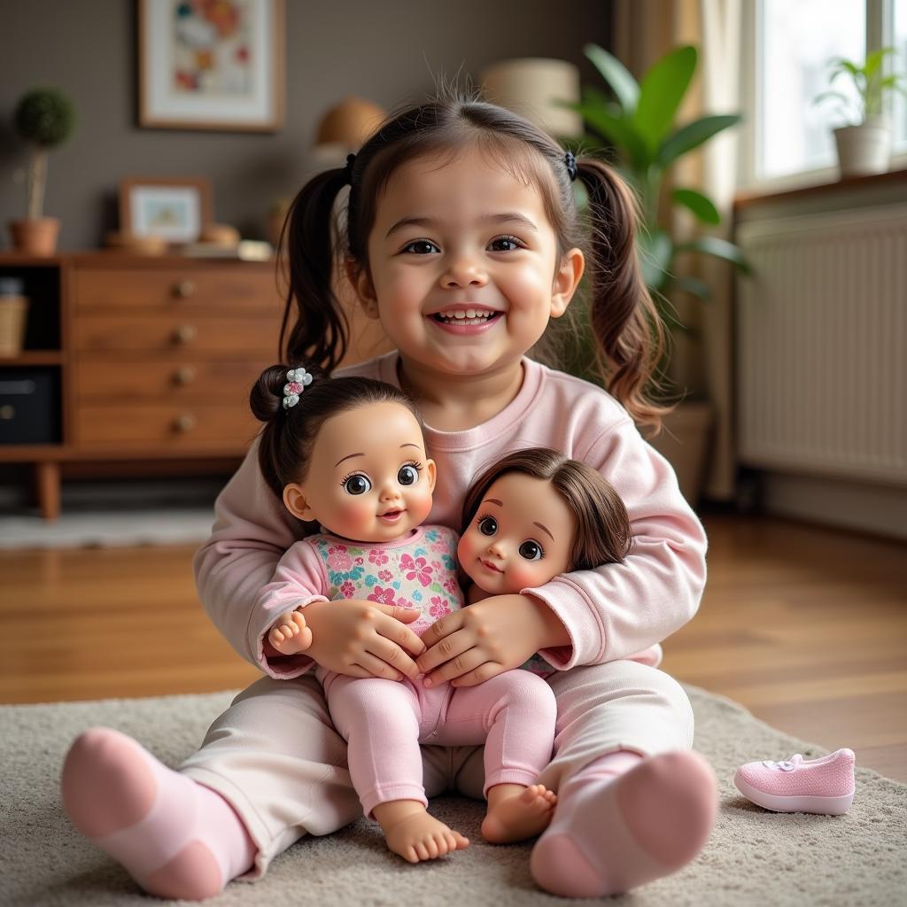 A little girl with Down Syndrome playing with a doll that looks just like her