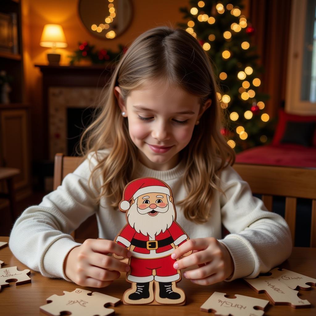 Bé gái lắp ráp puzzle gỗ hình chú Noel