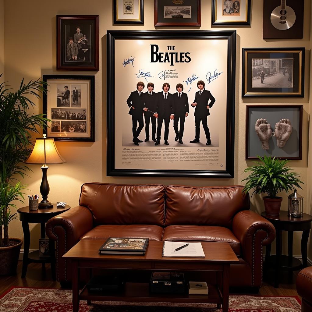 A framed Beatles poster signed prominently displayed in a music room