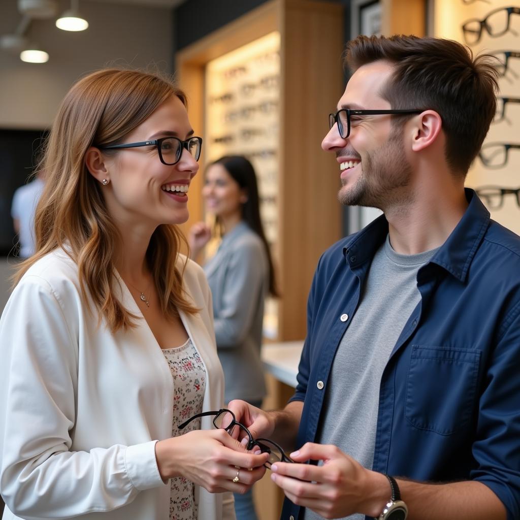 Happy customer receiving their new glasses