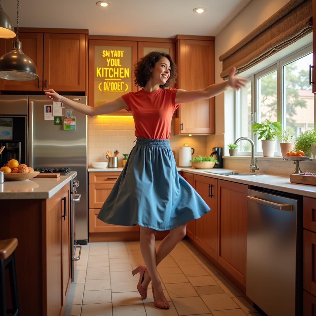 Kitchen Dancing Sign: A woman joyfully dances in her kitchen, with a vibrant "Kitchen Dancing" sign hanging on the wall.