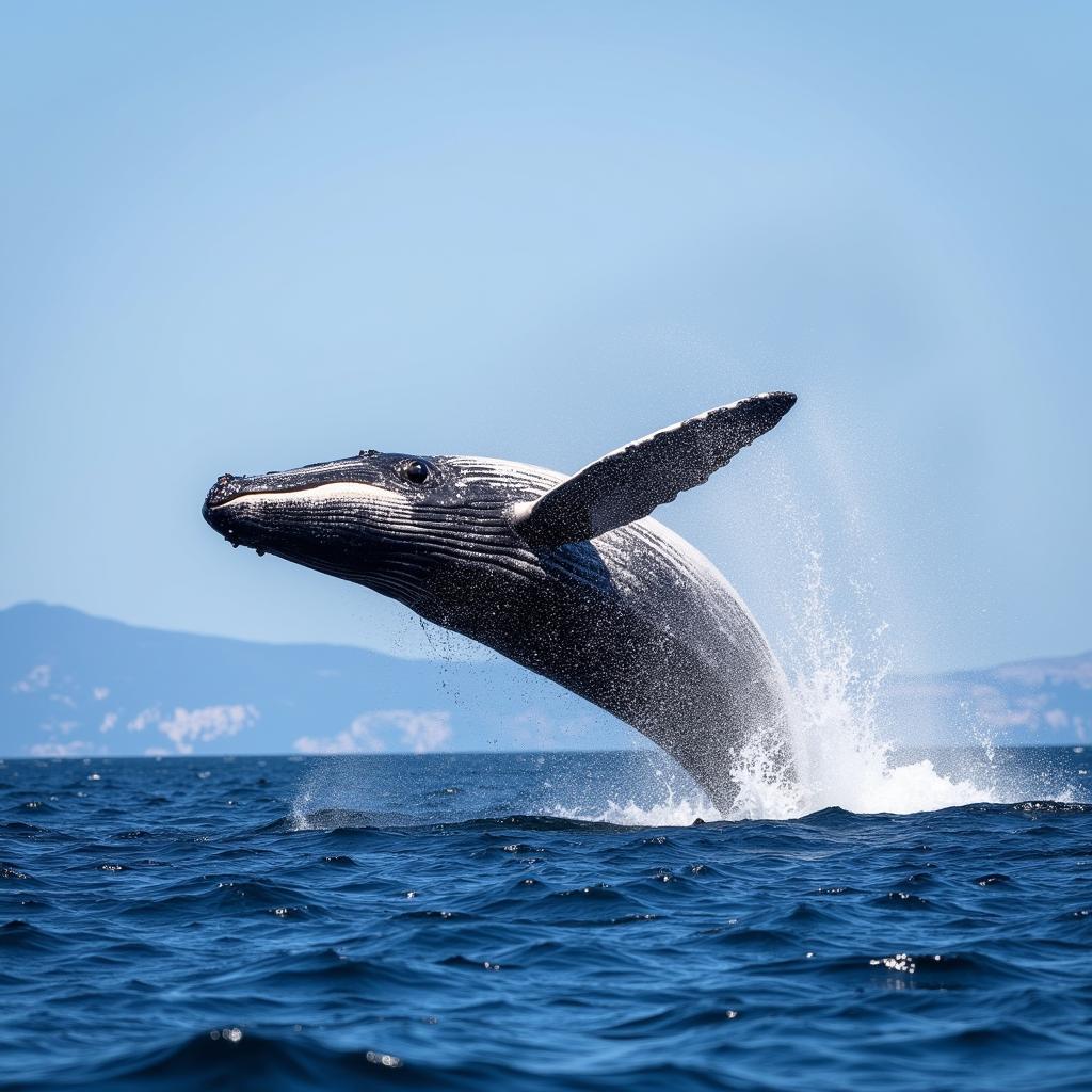 Whale breaching the surface of the water, performing for tourists