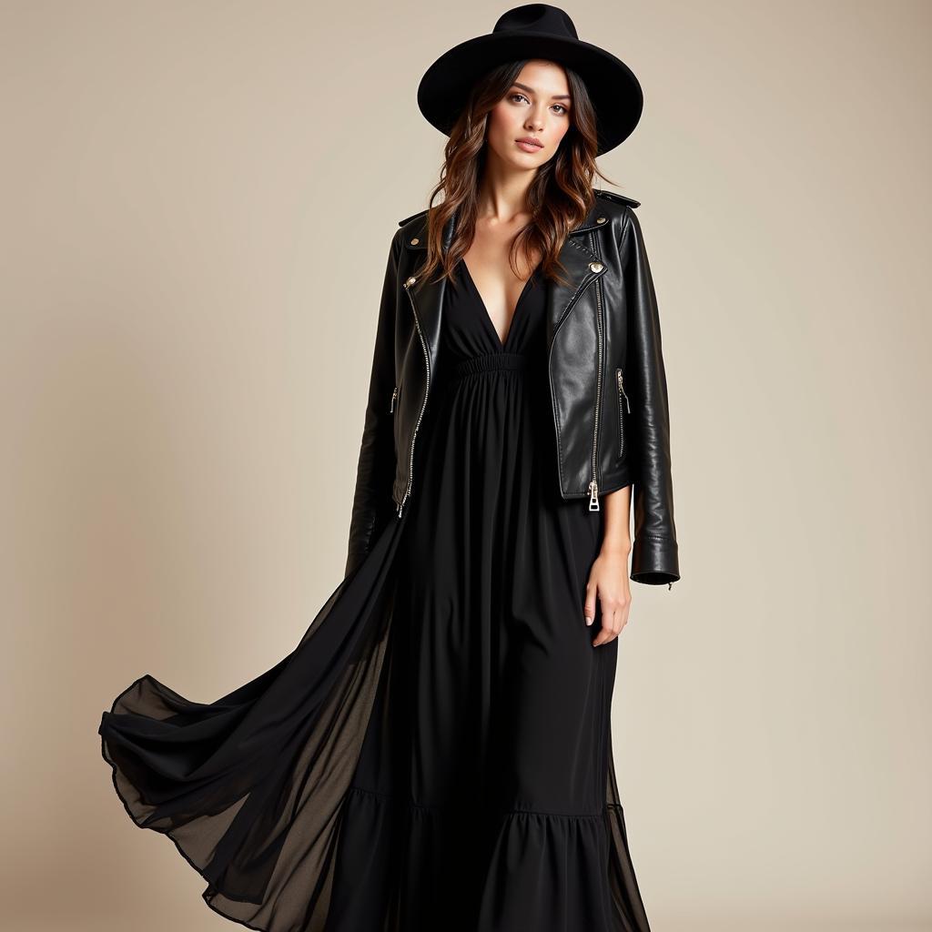 Black air clothing outfit for women accessorized with a wide-brimmed hat