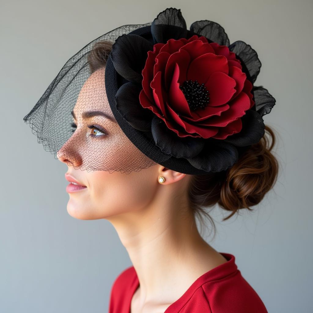 Black and red sinamay fascinator with veil