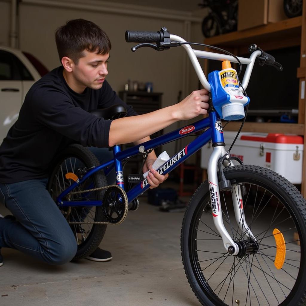 Cleaning and maintaining a 14-inch BMX bike in a garage