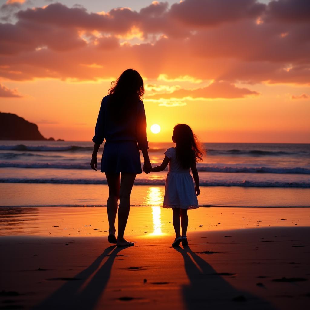 Silhouettes of Mother and Daughter at Sunset