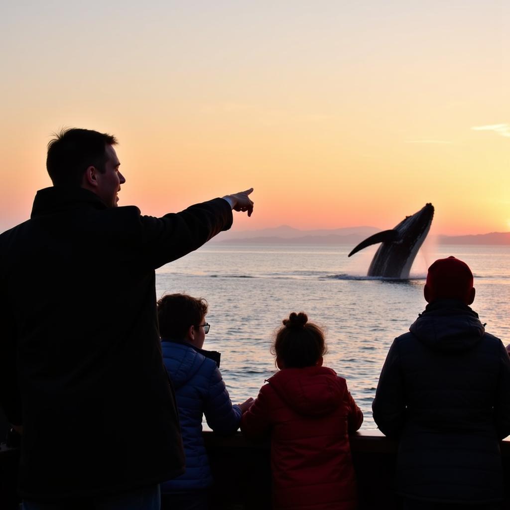 Whale watching tour guide pointing at a breaching whale