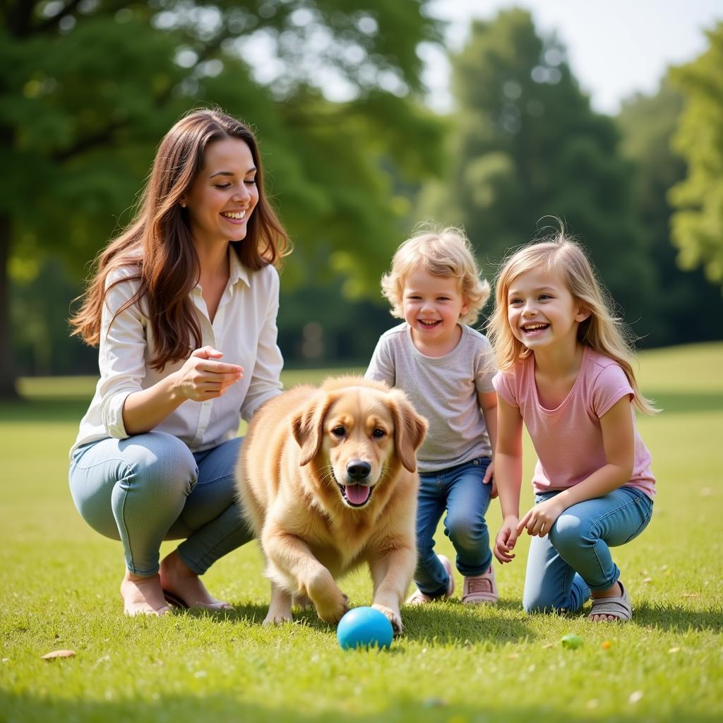 Family playing with dog in the park