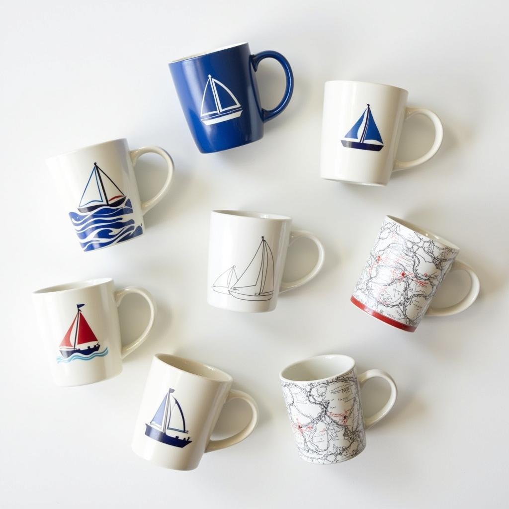 Collection of sailboat mugs in various designs