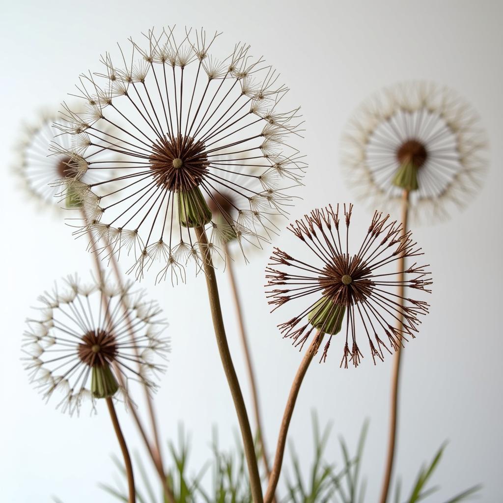 Exquisite collection of dandelion sculptures made from sturdy wire