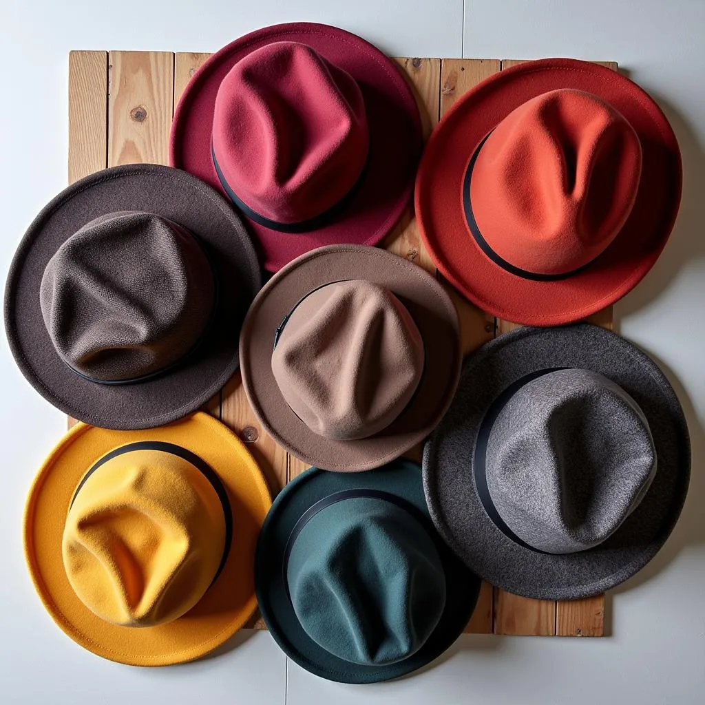 A collection of Welsh hats in various colors and patterns