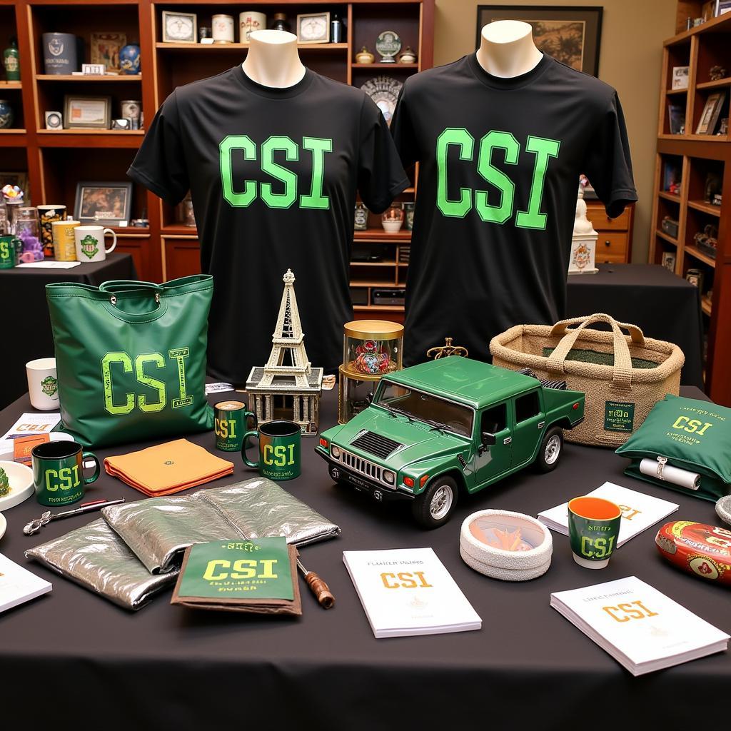 A diverse collection of CSI crime scene investigation merchandise.