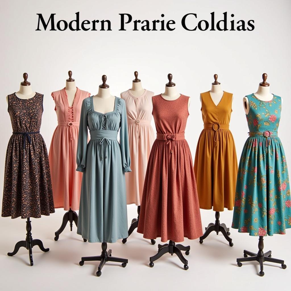 Modern prairie dress collection showcased on mannequins