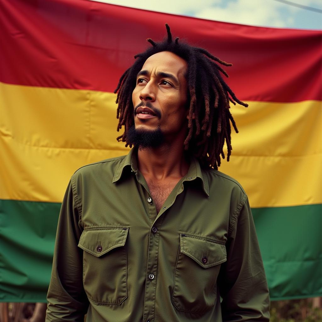 Bob Marley standing with a Rasta flag