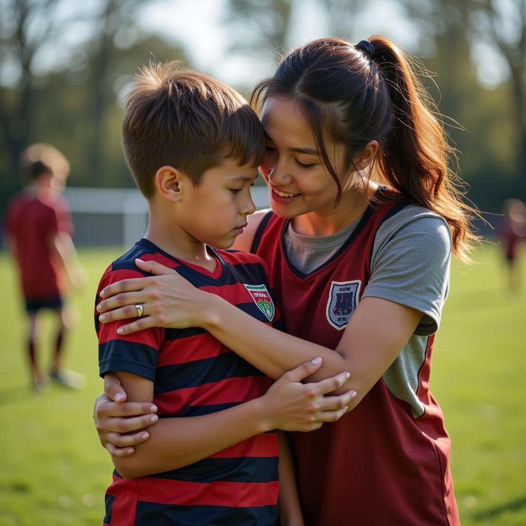 Bronze football mum offering comfort and encouragement to her son after a challenging match