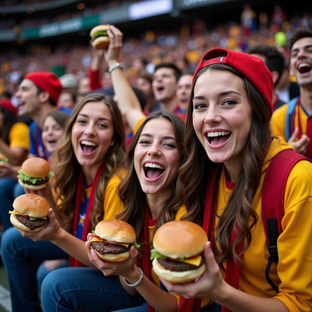 Football fans enjoying burgers in the stadium