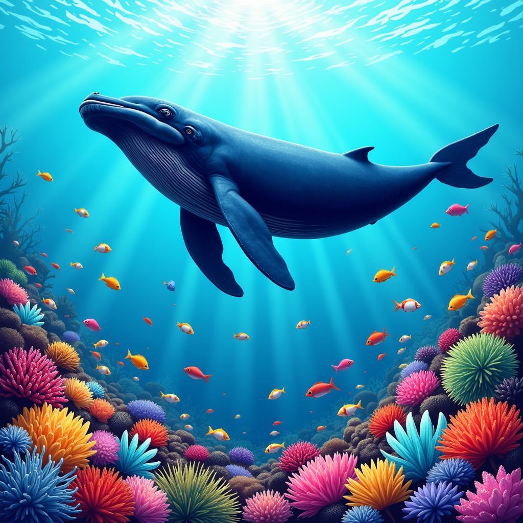 Blue whale swimming over a coral reef with tropical fish swimming around