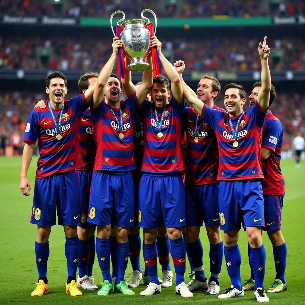 Các cầu thủ Barca 2009 ăn mừng chiến thắng trong trận chung kết Champions League