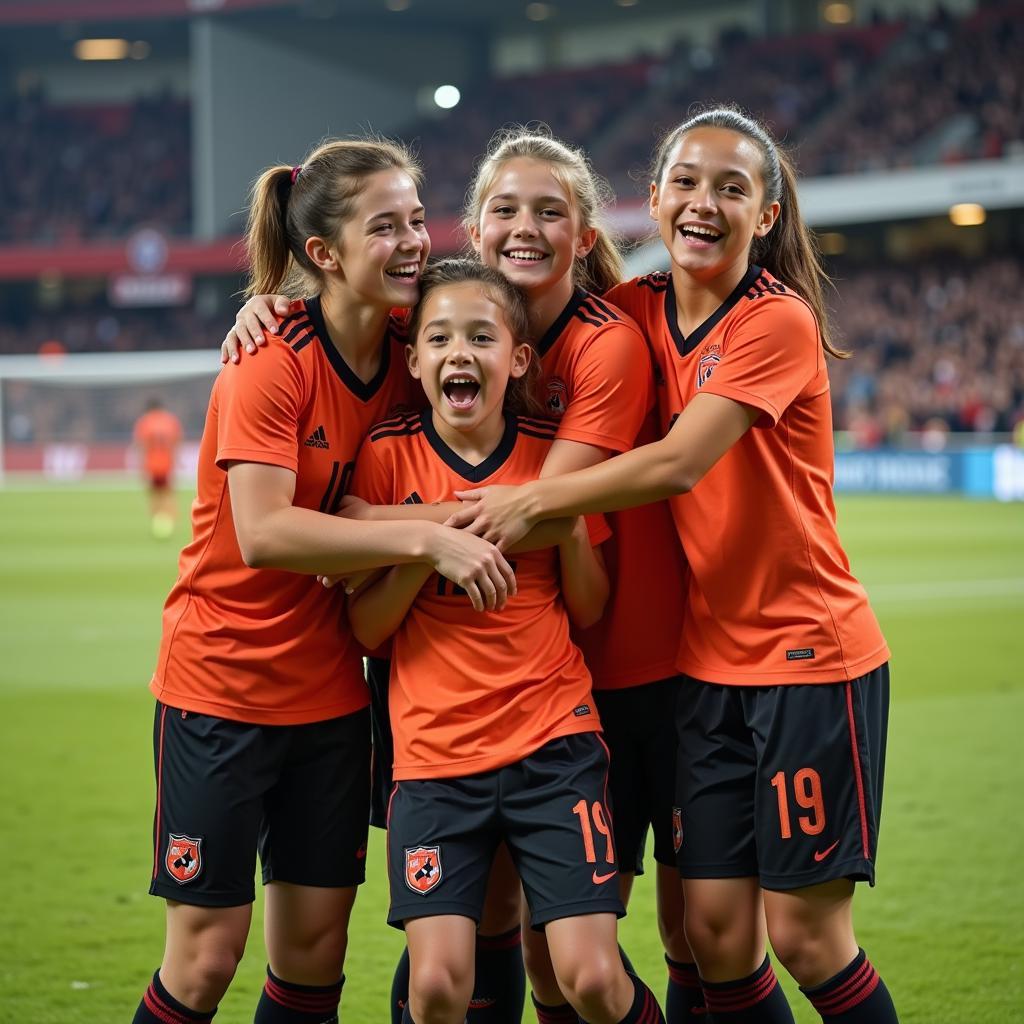 Young football players celebrating together