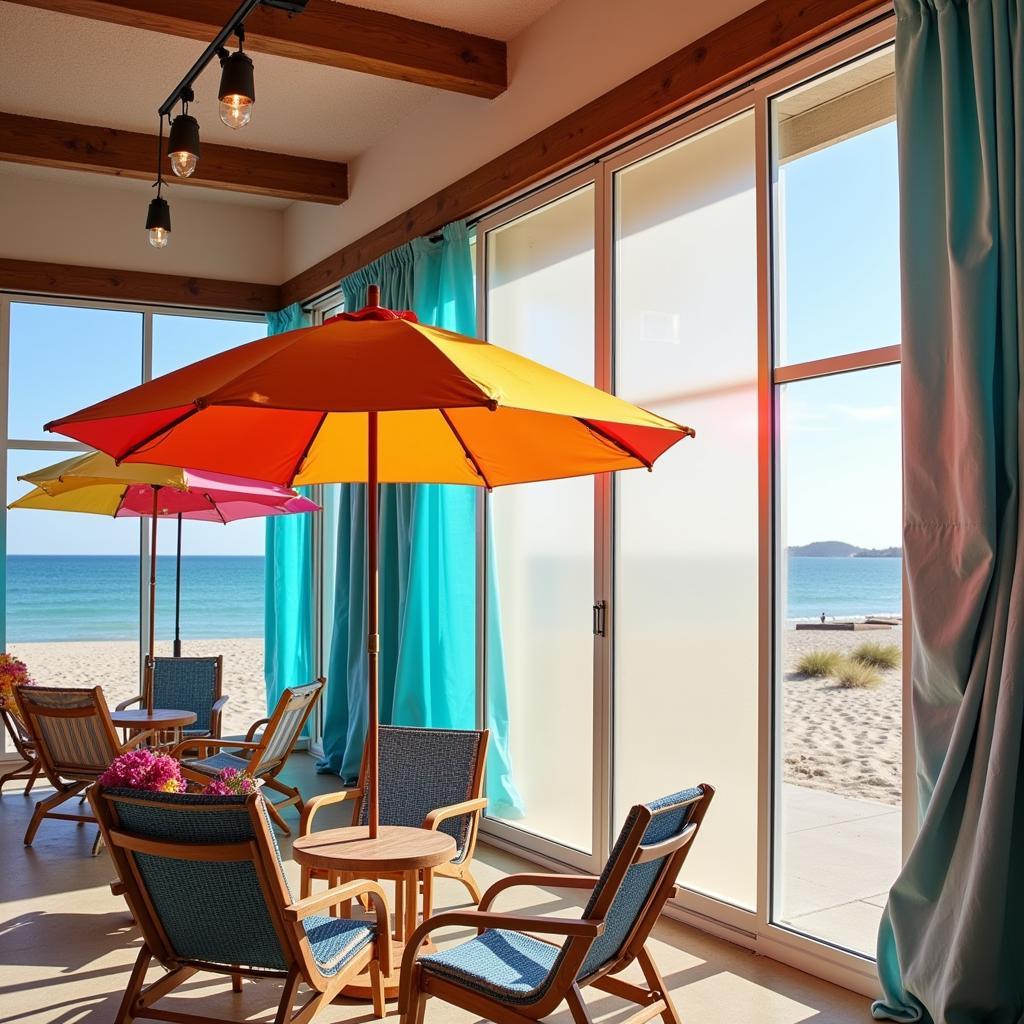 Various types of wind screens on display in a beach shop