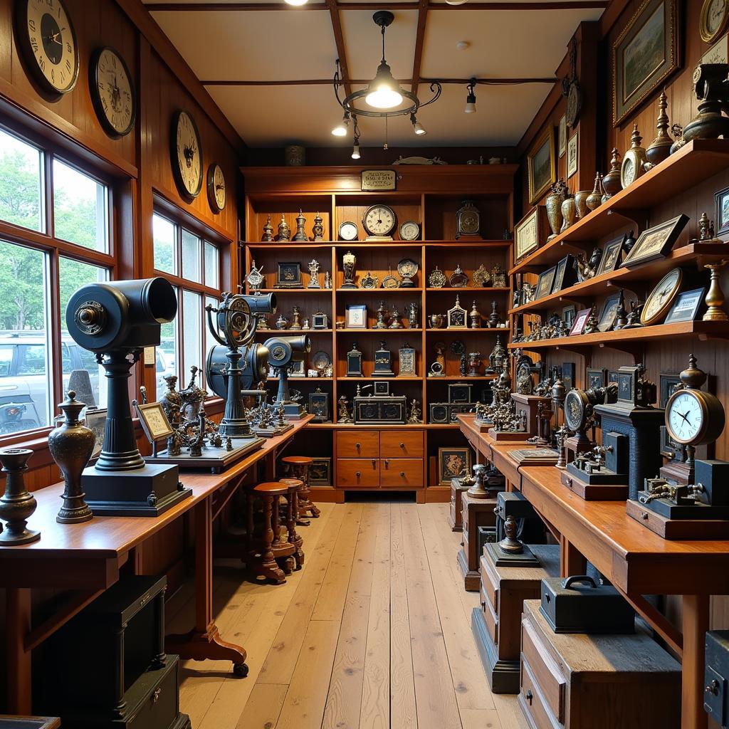 Different types of vintage ships telegraphs showcased in an antique shop.